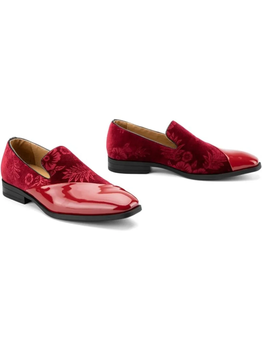 Men's Red Velvet Patent Leather Tuxedo Classic Slip On Loafers Dress Shoes